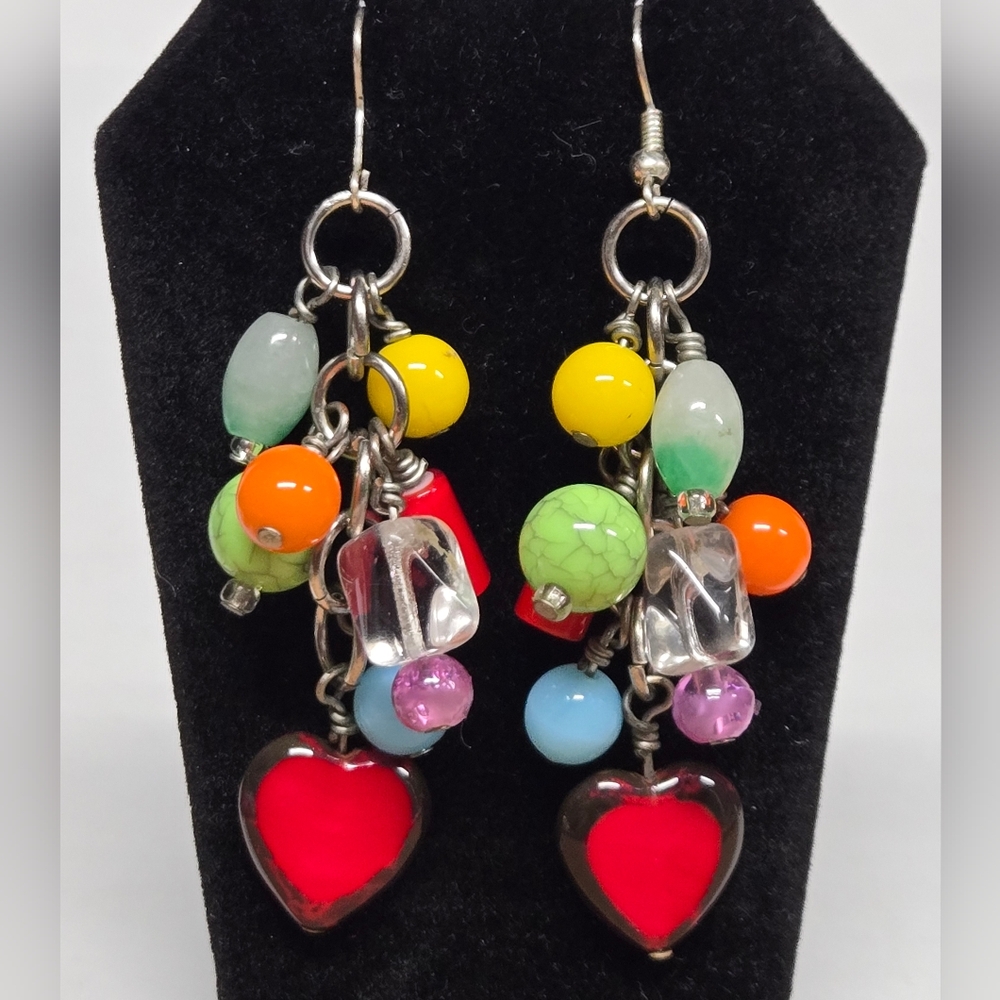 Vintage Colorful Glass Beaded Heart Earrings 3" X 1"